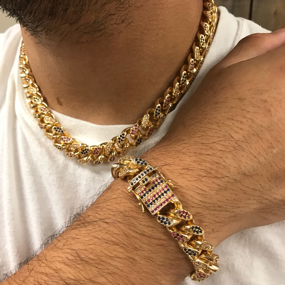 Iced out multi color miami Cuban link chain set